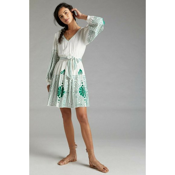 Anthropologie Dresses & Skirts - NWT Anthropologie Embroidered Mini Dress XL HTF $168 White Green Fit & Flare